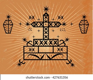 Voodoo spirit Loa Baron Samedi symbol black ink vector drawing on beige retro sunburst background. Voodoo vector clip art - african cultural sign. Scalable african ornament. Eps 10.