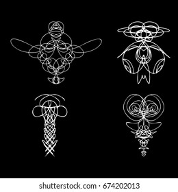 Voodoo spirits symmetrical symbols set. Abstract geometric hand drawn spiritual black magic craft insignia Voodoo deity. Occultism, sacred geometry magic alien. Vector.