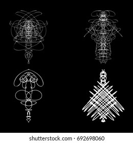 Voodoo spirits symmetrical symbols set. Abstract geometric hand drawn spiritual black magic craft insignia Voodoo deity. Occultism, sacred geometry magic alien. Vector.