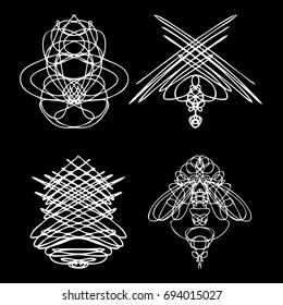 Voodoo spirits symmetrical symbols set. Abstract geometric hand drawn spiritual black magic craft insignia Voodoo deity. Occultism, sacred geometry magic alien. Vector.