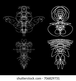 Voodoo spirits symmetrical symbols set. Abstract geometric hand drawn spiritual black magic craft insignia Voodoo deity. Occultism, sacred geometry magic alien. Vector.