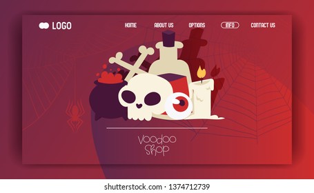Voodoo vector web page cartoon skull in scary halloween and vampirism signs illustration of spooky evil monster candle bones web-page background.