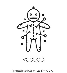 Voodoo witchcraft and magic icon. Mystery, esoteric, astrology symbol. Witchcraft object or sorcery curse linear vector symbol black magic thin line icon or sign with voodoo doll pierced by pins