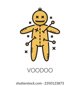 Voodoo witchcraft and magic icon. Mystical puppet toy with pins. Isolated vector african tribal sign symbolizing folklore, belief in spellcasting, representing power, protection, and the supernatural