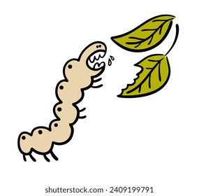 Voracious hungry caterpillar opened its mouth and attacked green leaves. Insect pest eats grass and trees in the garden. Flat vector illustration cartoon isolated on white background.