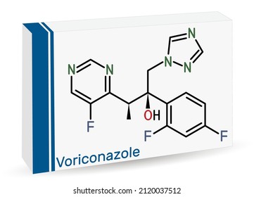 Voriconazole, molecule. It is is  triazole antifungal medication used to treat fungal infection. Skeletal chemical formula. Paper packaging for drugs. Vector illustration 