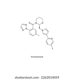 Vornorexant flat skeletal molecular structure Orexin antagonist drug used in insomnia, sleep apnea treatment. Vector illustration.