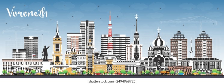 Voronezh Russia city skyline with color buildings and blue sky. Vector illustration. Voronezh cityscape with landmarks. Business travel and tourism concept with modern and historic architecture.