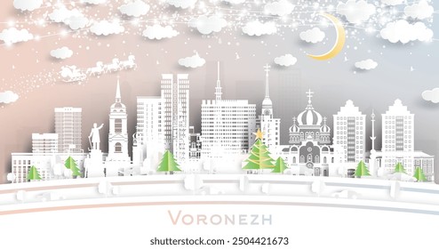 Voronezh Russia. Winter city skyline in paper cut style with snowflakes, moon and neon garland. Christmas and new year concept. Santa Claus on sleigh. Voronezh cityscape with landmarks.