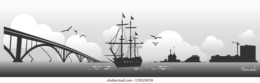 Voronezh Russian city black and white horizontal banner. Silhouettes of Ship-Museum Goto Predestinatsia and Chernavskiy bridge.
