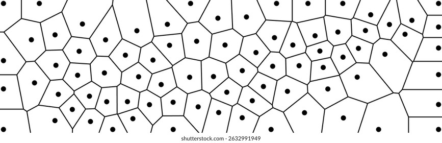 Voronoi diagram with black points and irregular polygonal cells, illustrating spatial partitioning and geometric structure.


