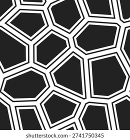 Voronoi tessellation seamless pattern. Black and white irregular polygonal grid. Monochrome geometric abstract background with interconnected cells.