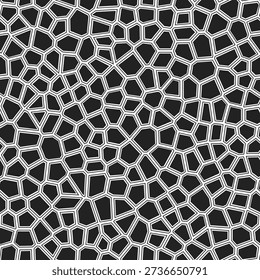 Voronoi tessellation seamless pattern. Monochrome geometric design with irregular polygonal cells. Black and white abstract texture for backgrounds and textiles.