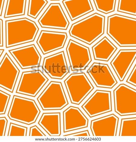 Voronoi tessellation seamless pattern. White irregular polygonal shapes on vibrant orange background. Contemporary geometric design with clean lines and warm color palette.