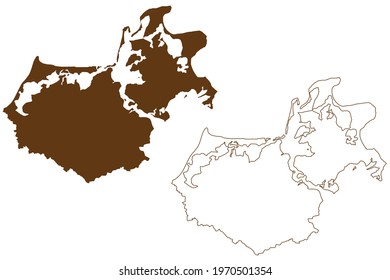 Vorpommern-Rugen district (Federal Republic of Germany, rural district, State of Mecklenburg-Vorpommern, Western Pomerania or West) map vector illustration, scribble sketch Vorpommern Rugen map