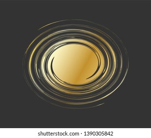 Vortex -  abstract vector illustration. Galaxy shape. Text template. Swirl shape. Gold whirlwind on black background with space for text in curl center.