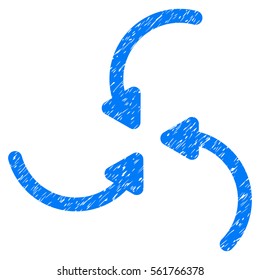 Vortex Arrows grainy textured icon for overlay watermark stamps. Flat symbol with dirty texture. Dotted vector blue ink rubber seal stamp with grunge design on a white background.