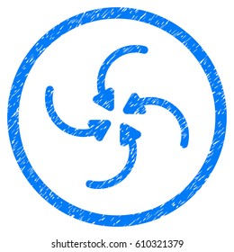Vortex Arrows grainy textured icon inside circle for overlay watermark stamps. Flat symbol with unclean texture. Circled vector blue rubber seal stamp with grunge design.