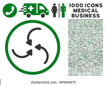 Vortex Arrows icon with 1000 medical commerce green and gray vector design elements. Clipart style is flat bicolor symbols, white background.