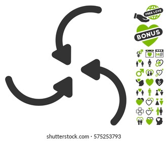Vortex Arrows icon with bonus valentine pictograms. Vector illustration style is flat rounded iconic eco green and gray symbols on white background.