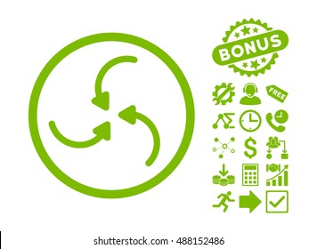 Vortex Arrows pictograph with bonus icon set. Vector illustration style is flat iconic symbols, eco green color, white background.