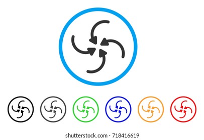 Vortex Arrows rounded icon. Style is a flat vortex arrows grey symbol inside light blue circle with black, gray, green, blue, red, orange color versions.