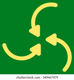 Vortex Arrows vector icon. Style is flat symbol, yellow color, rounded angles, green background.