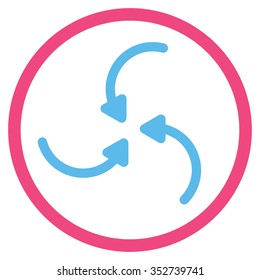 Vortex Arrows vector icon. Style is bicolor flat circled symbol, pink and blue colors, rounded angles, white background.