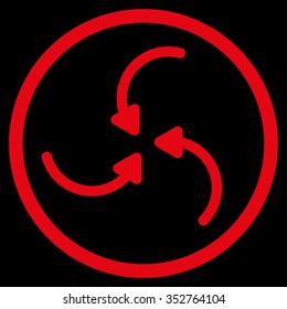 Vortex Arrows vector icon. Style is flat circled symbol, red color, rounded angles, black background.
