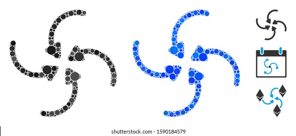 Vortex collide arrows composition of small circles in various sizes and color tones, based on vortex collide arrows icon. Vector filled circles are united into blue composition.