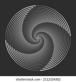 Vortex element, geometric halftone pattern. Whirlpool, spiral circle. Digital poster. Vector illustration. Graphic design element