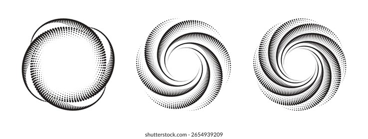 Vortex forms, abstract halftone dot pattern series, a geometric spiral stylish design elements, well-suited for framing, circular icons, signage, and symbols.