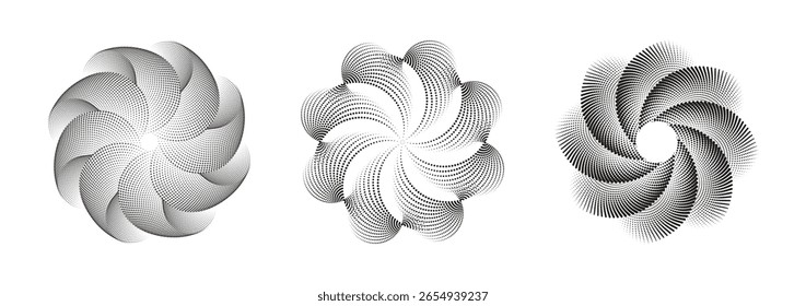 Vortex forms, abstract halftone dot pattern series, a geometric spiral stylish design elements, well-suited for framing, circular icons, signage, and symbols.