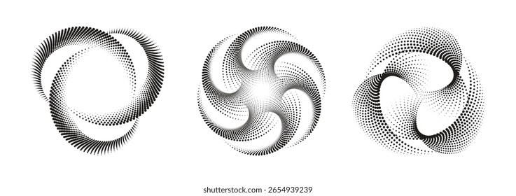 Formas de vórtice, série de padrões de ponto de meio-tom abstrato, uma espiral geométrica elegante elementos de design, bem adequado para enquadramento, ícones circulares, sinalização e símbolos.
