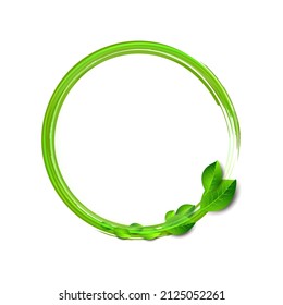 Vortex with fresh leaves. Round natural frame on white background. Green abstract swoosh swirl. Vector illustration