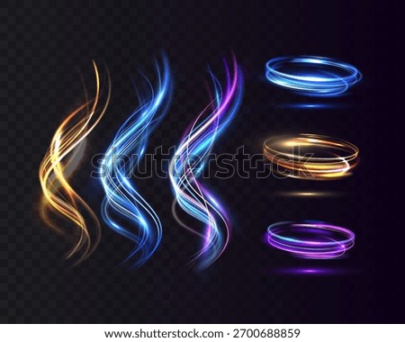 Vortex glowing light rings and flowing energy lines set in blue, purple, and golden tones. Futuristic neon waves, circular motion trails, and abstract luminous swirls on dark transparent background.
