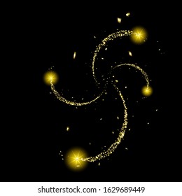 The vortex of golden sparkle particles. A spiral of flying gold particles on a black background. Pieces of gold foil.