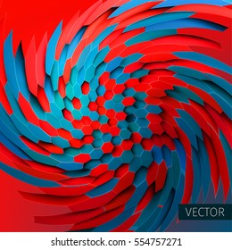 Vortex illustration. Twirl background. Distortion of hexagons. 3d backdrop