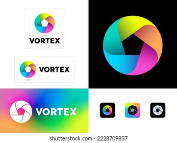 Vortex logo. Color circle consists of five ribbons. Identity, corporate style.