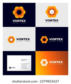 Vortex logo. The dynamic symbol consists of orange and yellow elements. Identity, business card.