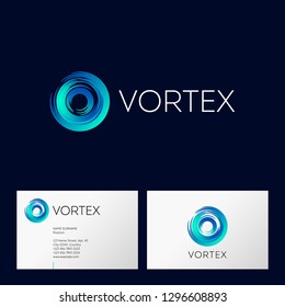 Vortex logo. Helix emblem. O monogram. Blue helix on a dark background. Identity. Business card.