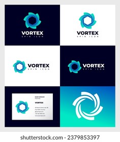 Vortex logo. Symbol consists of dynamic elements. Identity, business card.