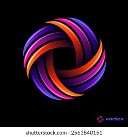 Vortex logo. Vortex symbol consists of rotating elements three colors. Brand identity and app icon.