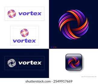 
Logo da Vortex. O símbolo de vórtice consiste em elementos rotativos amarelos, cor-de-rosa e laranja. Identidade da marca, uso de cores, identidade e ícone do aplicativo.