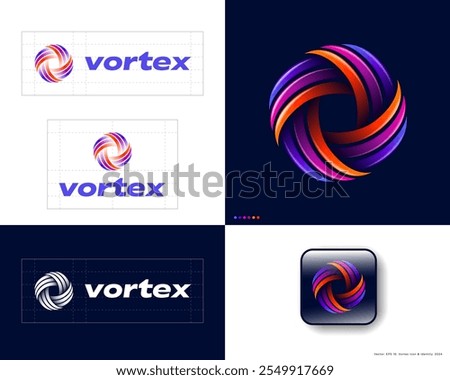 
Vortex logo. Vortex symbol consists of yellow, pink and orange rotating elements. Brand identity, use of colors and app icon.