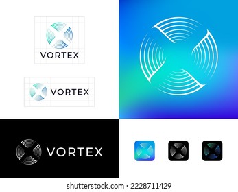 Vortex logo. Symbol like propeller with wind. Dynamic icon. Identity, corporate style.