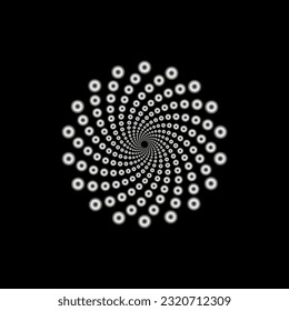 Vortex of points swirled to the center diminishing in perspective. Abstract logo design. Digital geometric design element isolated on black.