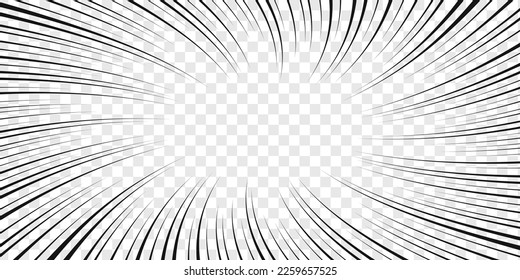 Vortex radial black lines on transparent background. Manga book page design. Comic attention, impact, surprise, splash, boom, explosion, power, motion, burst effect template. Vector illustration