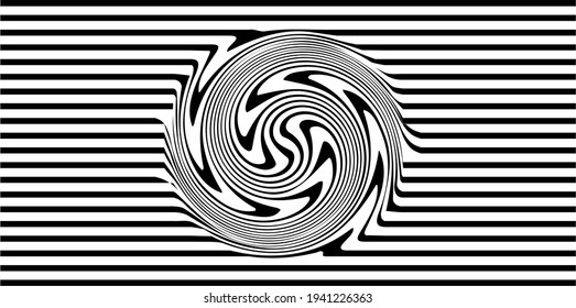Vortex shape over a pattern of horizontal black stripes. Vector illustration