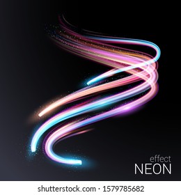 Vortex streams of neon light. Radial color spirals. Lines in the shape of a comet against a dark background. The effect of energy and speed. Template for banners, brochures, cards. Vector.